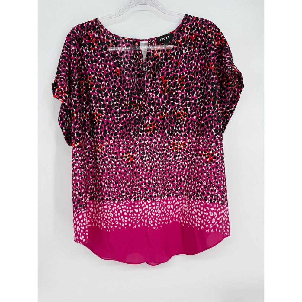 DKNY Pink Black Abstract Leopard Print V-Neck High-Low Blouse Top Sz XL